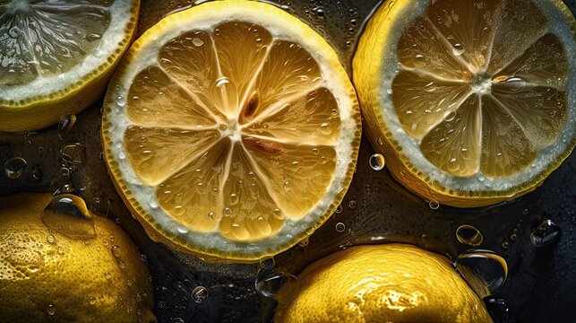 Fresh whole, half and sliced lemon with water drops on black background. Close up
