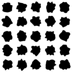Set of 25 vector abstract art blob shapes with 20 points. Known as blotch shapes, liquid organic elements, pebble drops blob silhouettes and splashes. Use as pattern background.