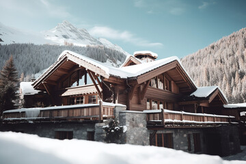 Chalet in alps with mountains in background and snow