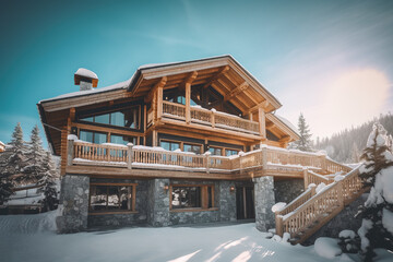 Chalet in alps with mountains in background and snow - obrazy, fototapety, plakaty
