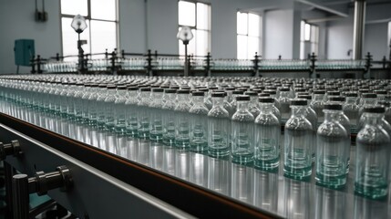 An automatic filling machine pours water or drinks into plastic PET bottles in a modern beverage factory.Generative AI 