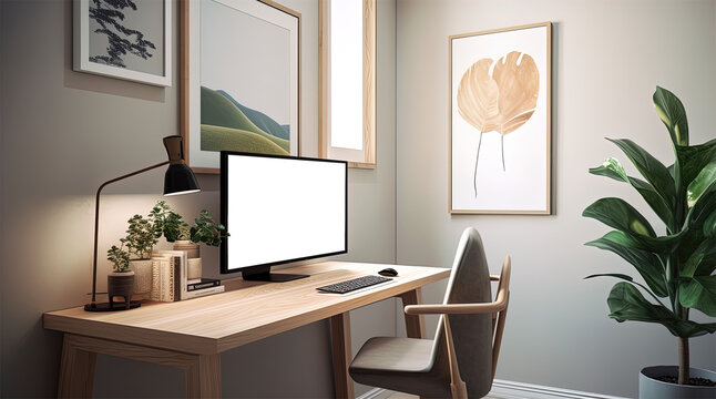 Modern and clean online webinar Zoom meeting home office room background with transparent monitor cutout for placement of image, logo, or text. Created using Generative AI.