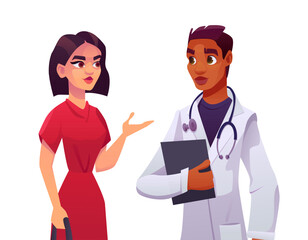 Medicine Concept with Black Doctor and Woman Patient Isolated on White Background. Consultation and Diagnosis. Doctor Appointment. Vector Illustration in Cartoon Style.