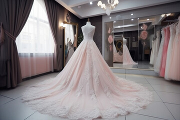 Sweet modern white wedding dress in the luxury room. Super photo realistic background, generative ai illustration