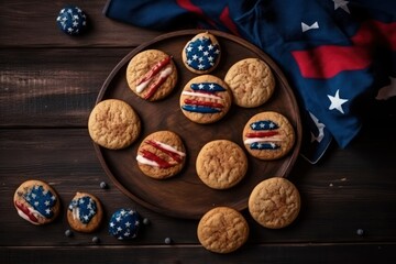 Fototapeta premium Happy USA Flag Day Homemade cookies with a pattern lies on a wooden table against the background of the American flag. 