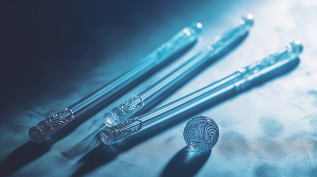 Crystal Ice Blue Healing and Divination Wands on a Light Blue Background, Luminescent Magic Wands - Generative AI