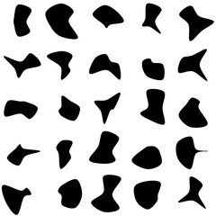 Set of 25 modern vector abstract art blob shapes with 7 points. Known as blotch shapes, liquid organic elements, pebble drops blob silhouettes and splashes. Use as pattern background.