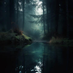 dark mysterious forest with a lake