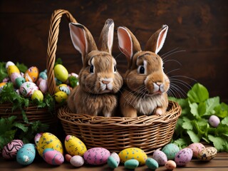A background image of a bunny with a basket of Easter eggs