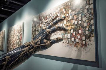 Concept for AI generated art with humanoid AI android hand reaching towards abstract picture in art gallery.  - obrazy, fototapety, plakaty