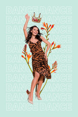 Poster discotheque concept collage of young carefree wear leopard print dress graceful royal crown club queen isolated on blue background