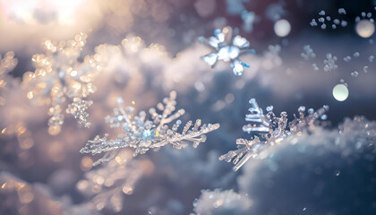 Fototapeta na wymiar winter background. bright pastel colors. flirring bokeh. snow flakes bokeh. ice crystals bokeh. ice flowers in focus