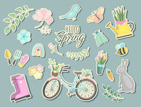 Set of hello spring stickers in doodles style. Collection of scrapbooking elements, labels. Vector seasonal elements.