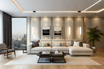 Fototapeta premium Interior design of a serene and calming living room that incorporates soft lighting, muted colors, and minimalist decor | Generative AI