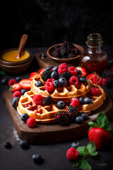 Belgian waffles with different sauces, berries, chocolate, ice cream. Generative AI,