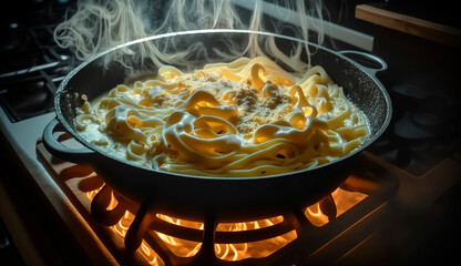 boiling pan of linguine pasta, in cream cheese sauce, in a home kitchen on the stove. Generative Ai,