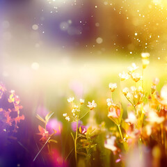 Beautiful spring background nature with blooming glade, flirring dust bokeh, warm light, blurred background