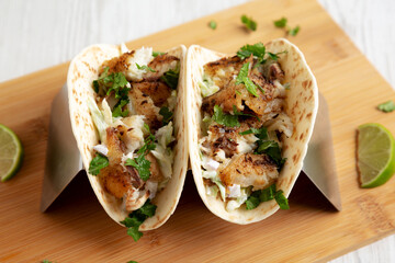 Homemade Fresh Fish Tacos, low angle view. Close-up.