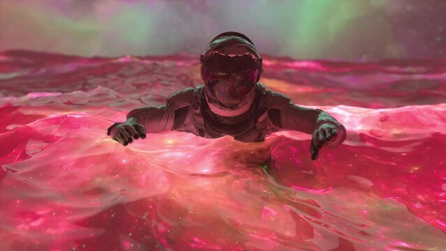Space abstract concept. The astronaut swims in the red space water. Neon. Aurora Borealis. Waves. Flow. 3d animation