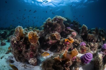 Micronature Sea squirts, tubular bodies, vibrant colors, siphon-like structures, clustered together, rocky underwater environment, coral formations, seaweed, diverse marine life 1 - AI Generative