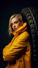 Fototapeta premium Pretty blonde girl in a warm yellow winter jacket leaning on a big truck tire - ai generative
