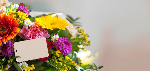 colorful bouquet of various flowers with paper label, blurred background and copy space, bright lighting, mother's day