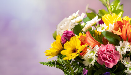colorful vibrant bouquet of various flowers with blurred background and copy space, bright lighting, mother's day