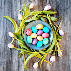 Colorful Easter eggs in bowl and fresh tulip flowers around