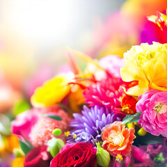 Fototapeta na wymiar colorful vibrant bouquet of various flowers with blurred background and copy space, bright lighting, mother's day