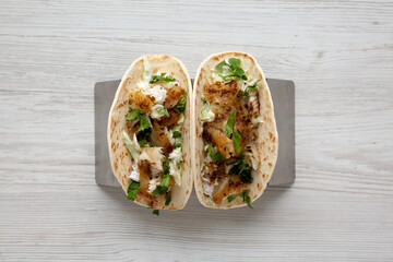 Homemade Fresh Fish Tacos , top view. Flat lay, overhead, from above.