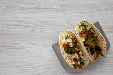 Homemade Fresh Fish Tacos , top view. Flat lay, overhead, from above. Space for text.
