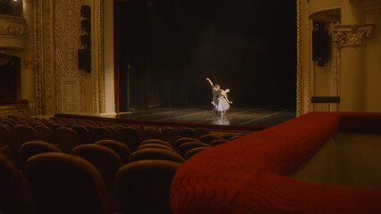 Establishing shot of ballet dancers practicing choreography on classic theater stage. Man and woman...
