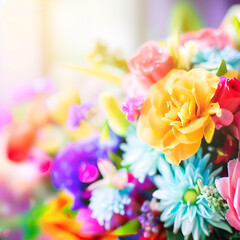 colorful vibrant bouquet of various flowers with blurred background and copy space, bright lighting, mother's day