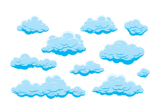 Cartoon clouds isolated on blue background. Cumulus and fluffy eddy in blue sky. Hand drawn sketch. Cloudscape 2d vector illustrations.	