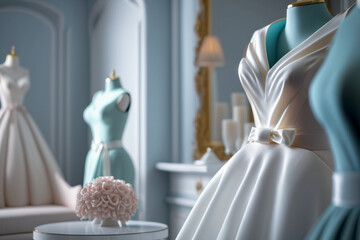 Sweet modern white wedding dress in the luxury room. Super photo realistic background, generative ai illustration