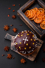 Freshly baked Easter cake or panettone with chocolate coating