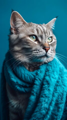 Beautiful cat in a warm turquoise scarf - ai generative