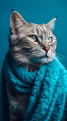 Obraz premium Beautiful cat in a warm turquoise scarf - ai generative