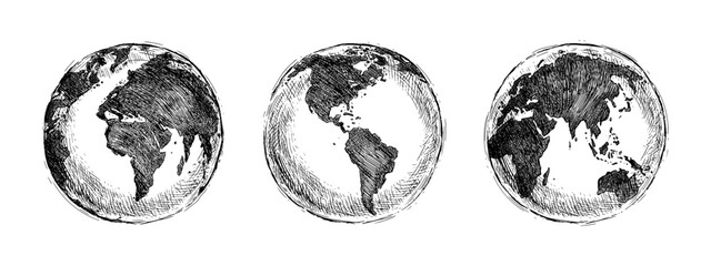 Globe sketch. Hand drawn earth planet with continents and oceans. Doodle world map vector illustration. Planet and world sketch map with ocean and land.