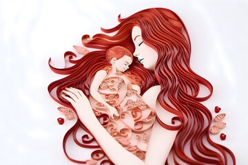 Paper art, quilling, mother with child on a white background, Mother's Day, Generative AI