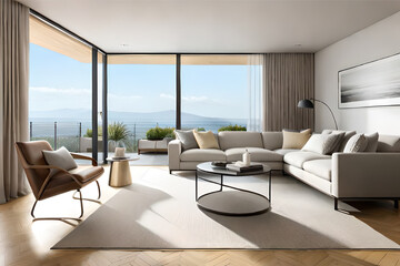 Interior design of a serene and calming living room that incorporates soft lighting, muted colors, and minimalist decor | Generative AI