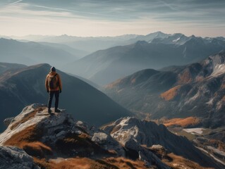 A lone hiker or backpacker standing on a mountain peak, taking in the stunning view