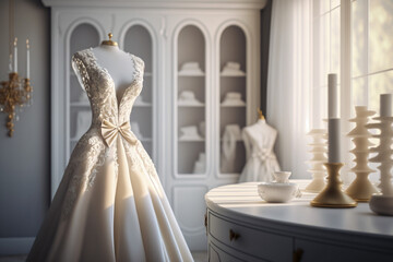 Obraz premium Sweet modern white wedding dress in the luxury room. Super photo realistic background, generative ai illustration