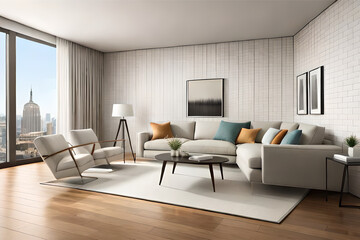 Fototapeta premium Interior design of a serene and calming living room that incorporates soft lighting, muted colors, and minimalist decor | Generative AI