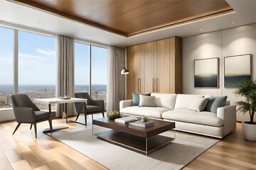 Obraz na płótnie Canvas Interior design of a serene and calming living room that incorporates soft lighting, muted colors, and minimalist decor | Generative AI