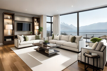 Interior design of a serene and calming living room that incorporates soft lighting, muted colors, and minimalist decor | Generative AI