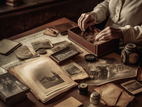 A person looking at old photographs with a wistful expression