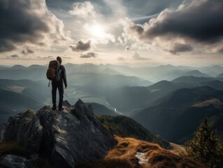 A lone hiker or backpacker standing on a mountain peak, taking in the stunning view