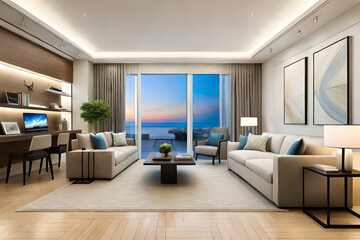 Fototapeta premium Interior design of a serene and calming living room that incorporates soft lighting, muted colors, and minimalist decor | Generative AI
