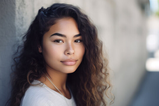 20 year old woman standing in the shade outdoors. Generative AI.